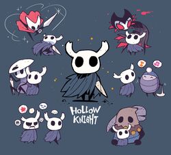  ... 1other 3boys 3girls absurdres blue_cape cape cloth_(hollow_knight) copyright_name glint grimm_(hollow_knight) highres holding holding_pickaxe holding_weapon hollow_eyes hollow_knight hornet_(hollow_knight) horns knight_(hollow_knight) looking_at_viewer mask mask_on_head multiple_boys multiple_girls musical_note myla_(hollow_knight) nail_(hollow_knight) needle_(hollow_knight) old_nail_(hollow_knight) pickaxe quirrel rariatto_(ganguri) red_cape sitting smile spoken_ellipsis spoken_expression spoken_musical_note spoken_squiggle squiggle weapon zote 