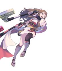  armor asymmetrical_legwear asymmetrical_sleeves axe battle_axe breasts brown_eyes brown_hair detached_sleeves dual_wielding elbow_gloves enkyo_yuuichirou female fingerless_gloves fire_emblem fire_emblem_fates fire_emblem_heroes fox_mask full_body gloves hana_(fire_emblem) hana_(ninja)_(fire_emblem) headband highres holding holding_weapon japanese_clothes long_hair looking_away mask medium_breasts ninja non-web_source obi official_art open_mouth pelvic_curtain sandals sash scarf shin_guards shoulder_armor shuriken smile solo sword thighhighs thighs tied_hair toes transparent_background uneven_legwear uneven_sleeves weapon 