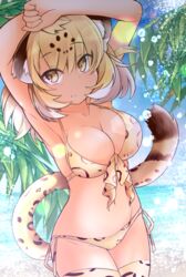  animal_ear_fluff animal_ears animal_print armpits arms_on_head arms_up bare_arms beach bikini blonde_hair breasts brown_hair cleavage commentary_request cowboy_shot day female front-tie_bikini_top front-tie_top highres jaguar_(kemono_friends) jaguar_ears jaguar_print jaguar_tail kemono_friends leaf looking_at_viewer medium_breasts medium_hair multicolored_hair navel ocean open_mouth outdoors print_bikini print_swimsuit print_thighhighs sand side-tie_bikini_bottom solo stomach swimsuit tail tan thighhighs water white_hair woru_(orifice) yellow_eyes 