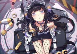  ammunition animal_ears black_hair blue_archive blue_eyes blush breasts collar dog_ears dog_girl dog_tail female fishnet_pantyhose fishnets from_above gears goggles goggles_on_head hair_bobbles hair_ornament halo hibiki_(blue_archive) jacket long_hair looking_at_viewer mortar_(weapon) mortar_shell official_art ogipote pantyhose purple_eyes screwdriver sitting solo tail wrench 