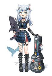  :o absurdres alternate_costume animal_ear_fluff animal_ears aqua_eyes black_collar black_footwear black_gloves black_skirt bloop_(gawr_gura) blue_hair blue_skirt blush boots bow bubba_(watson_amelia) cat_ears collar commentary death-sensei_(mori_calliope) dum_sticky_note ear_piercing earrings elbow_gloves english_commentary female fingerless_gloves fish_hair_ornament fishnet_pantyhose fishnets full_body gawr_gura gloves grey_hair guitar_case hair_ornament hairclip highres holding holding_stuffed_toy hololive hololive_english instrument_case jewelry knee_boots kotori_(takanashi_kiara) long_hair mashilemo midriff minecraft minecraft_pickaxe navel o-ring open_mouth pantyhose parental_advisory piercing plaid plaid_skirt red_bow sharp_teeth single_leg_pantyhose skindentation skirt solo standing striped_clothes striped_gloves stuffed_animal stuffed_shark stuffed_toy supreme_(brand) tail takodachi_(ninomae_ina&#039;nis) teeth two_side_up upper_teeth_only virtual_youtuber white_gloves 