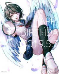  ahoge angel_wings artist_name ass black_socks breasts brown_hair commentary_request danganronpa_(series) danganronpa_another_episode:_ultra_despair_girls dated feathered_wings female happy_birthday holding looking_at_viewer megaphone naegi_komaru sakuyu school_uniform serafuku shirt shoes short_hair skirt small_breasts socks solo teeth twitter_username upper_teeth_only white_footwear white_shirt white_wings wings 