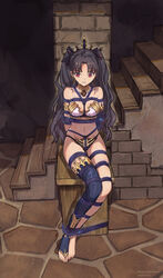  absurdres arms_behind_back ass barefoot black_hair black_ribbon blush bondage bondage bondage bound bound_ankles bound_arms bound_legs breasts dated earrings fate/grand_order fate_(series) feet female full_body hair_ribbon highres hoop_earrings ishtar_(fate) jewelry legs legs_together medium_breasts navel nero_augustus no_shoes purple_rope red_eyes restrained ribbon rope shibari_over_clothes single_thighhigh sitting solo thighhighs toeless_legwear toenails toes twitter_username two_side_up variant_set 