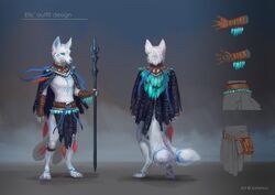  2020 2_tails anklet anthro belt blue_eyes bottomwear canid canine cloak clothed clothing digital_media_(artwork) english_text etis feathers fox fur gloves handwear hi_res holding_object jewelry loincloth looking_at_viewer male mammal markings model_sheet multi_tail saterina shaded simple_background soft_shading solo staff standing tail text tribal weapon white_body white_fur 