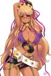  ahoge alma_armas ass_visible_through_thighs bb_(fate) bb_(swimsuit_mooncancer)_(fate) bb_(swimsuit_mooncancer)_(fate)_(cosplay) bb_(swimsuit_mooncancer)_(second_ascension)_(fate) belt bikini bikini_top_only black_garter_belt black_gloves blonde_hair breasts cleavage commentary_request contrapposto cosplay covered_nipples dark-skinned_female dark_skin earrings fate/grand_order fate_(series) female finalcake fingerless_gloves garter_belt glasses gloves hair_ribbon hairband highres jewelry large_breasts long_hair looking_at_viewer loose_belt lowleg lowleg_shorts micro_shorts nail_polish navel open_fly over-rim_eyewear pink_ribbon purple_bikini purple_eyes purple_nails ribbon semi-rimless_eyewear shorts solo star_(symbol) star_earrings studded_choker studded_garter_belt swimsuit thighs va-11_hall-a very_long_hair white_belt 