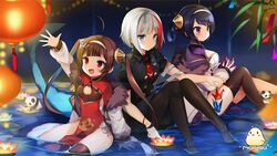  3girls :d admiral_graf_spee_(azur_lane) admiral_graf_spee_(girl&#039;s_sunday)_(azur_lane) ahoge anchor_hair_ornament animal arm_up armpit_cutout azur_lane black_dress black_footwear black_hair black_pantyhose blue_eyes blurry breasts brown_hair buttons china_dress chinese_clothes closed_mouth clothing_cutout collared_dress commentary_request depth_of_field dress fins fish_tail flower fur_collar hair_ornament hair_rings hairband highres holding jacket knees_up kurot lantern lantern_on_liquid large_breasts long_hair long_sleeves looking_at_viewer looking_away multicolored_hair multiple_girls necktie night ning_hai_(azur_lane) off_shoulder official_alternate_costume official_art open_clothes open_jacket open_mouth orange_flower origami panda pantyhose paper_crane paper_lantern pelvic_curtain ping_hai_(azur_lane) purple_dress purple_eyes purple_flower red_dress red_eyes red_hair red_necktie shark_tail shoes short_hair short_necktie short_sleeves sidelocks sitting small_breasts smile streaked_hair tail thighhighs thighs twintails water white_hair white_jacket 