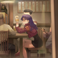  1other 2boys alcohol bar_(place) bare_legs beer beer_mug black_dress blush bottle brown_hair ceiling_light chair chopsticks closed_eyes commentary_request cropped_jacket crossed_legs cup dress earrings female from_side glasses highres holding holding_cup hyuuga_makoto jacket jewelry katsuragi_misato long_hair long_sleeves mug multiple_boys neon_genesis_evangelion pants parted_lips profile purple_hair red_footwear red_jacket sake_bottle short_dress short_hair sitting stud_earrings white_jacket white_pants yoh_irie 