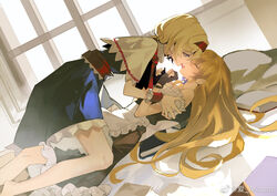  2girls alice_margatroid apron arm_grab bare_shoulders barefoot black_skirt black_vest blonde_hair blue_dress blue_eyes blush book capelet closed_eyes commentary_request dress dutch_angle fingerless_gloves french_kiss full-face_blush gloves hairband hand_on_another&#039;s_arm indoors kaoru_(alicemakoto) kirisame_marisa kissing long_hair looking_at_another lying medium_hair multiple_girls necktie off-shoulder_shirt off_shoulder on_back on_person open_mouth red_hairband red_necktie red_ribbon ribbon shirt sitting sitting_on_person skirt tongue tongue_out touhou vest waist_apron watermark white_capelet white_shirt wrist_cuffs yuri 