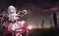  chinese_commentary commentary_request dress ebisu_eika female floating_hair frilled_shirt frills graveyard highres holding holding_rock horizon lian_mang night night_sky partial_commentary polka_dot polka_dot_skirt puffy_short_sleeves puffy_sleeves rock shirt short_sleeves skirt sky sotoba stack stacking tombstone touhou white_dress white_hair wily_beast_and_weakest_creature 