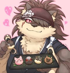  1boy animal_ears annotated character-themed_food chest_tuft colored_sclera commentary_request dog_boy dog_ears food furry furry_male hair_over_one_eye headband heart high_ponytail highres holding holding_food incoming_food japanese_clothes long_hair male_focus moritaka_(housamo) oerba_yun_fang pink_background red_sclera scar scar_on_face shino_(housamo) signature smile solo summon_lw tadatomo_(housamo) tanetomo_(housamo) tokyo_afterschool_summoners upper_body wagashi yasuyori_(housamo) 