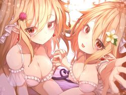  2girls :d bare_shoulders blonde_hair blush breasts collarbone demon_girl demon_tail earrings facial_mark flower frills hair_between_eyes hair_flower hair_ornament heart_tail_duo holding_hands jewelry long_hair looking_at_viewer medium_breasts multiple_girls on_bed open_mouth original pajamas pointy_ears rai_(sakuranbo_sugar) reaching reaching_towards_viewer red_eyes ribbon sidelocks smile tail thighs 