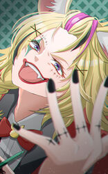  0yui alternate_costume animal_ears bakushou_(song) black_hair black_nails blonde_hair blurry blurry_foreground bow bowtie chromatic_aberration commentary_request depth_of_field diamond-shaped_pupils diamond_(shape) dutch_angle eyeliner facepaint fangs female fingernails forehead hair_ornament head_tilt highres hololive jacket laughing lipstick long_hair looking_at_viewer makeup multicolored_hair nail_polish omaru_polka open_mouth patterned_background pink_hair purple_eyes red_bow red_bowtie red_jacket solo spread_fingers streaked_hair symbol-shaped_pupils virtual_youtuber x_hair_ornament 