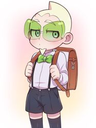  1boy aged_down backpack bag black_shorts black_thighhighs blonde_hair blue_eyes blush bow bowtie brown_bag chacha_(ss_5087) closed_mouth commentary_request faba_(pokemon) facial_hair goatee green-tinted_eyewear green_bow green_bowtie long_sleeves male_focus pokemon pokemon_sm school_uniform shirt short_hair shorts sideways_glance solo sunglasses suspenders thighhighs tinted_eyewear white_shirt 