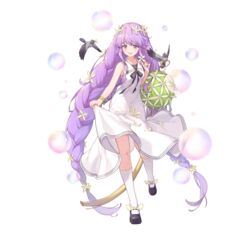  absurdres bird braid dress female flower full_body grey_eyes hair_flower hair_ornament hand_up highres holding holding_flower illusion_connect jasmine_(illusion_connect) long_hair mary_janes official_art open_mouth purple_hair shoes simple_background smile socks solo standing standing_on_one_leg third-party_source transparent_background twin_braids very_long_hair white_dress 