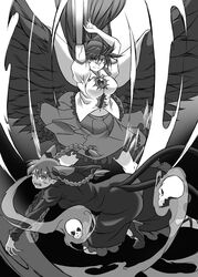  2girls angeldust arm_cannon arms_up bird_wings bow braid breasts cape cat_tail closed_mouth collared_shirt commentary_request control_rod dress extra_ears floating_skull frilled_dress frilled_shirt_collar frilled_skirt frills full_body greyscale hair_between_eyes hairbow high_heels highres kaenbyou_rin large_breasts leg_ribbon long_hair long_sleeves looking_at_viewer medium_bangs monochrome multiple_girls multiple_tails navel open_mouth puffy_short_sleeves puffy_sleeves reiuji_utsuho ribbon shirt short_sleeves skirt skull smile tail textless_version third_eye touhou twin_braids weapon wings 