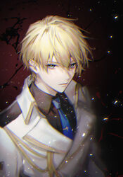  1boy azmpty bad_id bad_twitter_id bishounen black_shirt blonde_hair blue_eyes blue_necktie closed_mouth hair_between_eyes highres holostars jacket kishido_temma kishido_temma_(1st_costume) looking_at_viewer male_focus necktie shirt short_hair solo upper_body virtual_youtuber white_jacket 