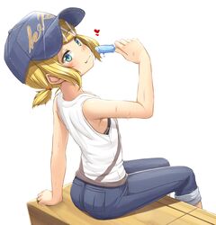  alternate_costume armpit_peek baseball_cap bench blonde_hair blue_eyes blue_hat blue_pants blush breasts closed_mouth commentary eating fang_out feet_out_of_frame female food hair_ornament hairclip hat heart highres kagamine_rin kitsunerider looking_at_viewer looking_back oerba_yun_fang pants pants_rolled_up popsicle short_hair short_ponytail sideboob sidelocks simple_background sitting small_breasts smile solo sweat swept_bangs tank_top textless_version tomboy vocaloid white_background white_tank_top 