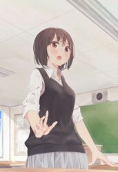  12_graka :o absurdres black_vest breasts brown_eyes brown_hair chalkboard classroom commentary day desk female grey_skirt highres indoors original public_address_system school_desk school_uniform skirt small_breasts solo speaker standing sweater sweater_vest uniform vest 