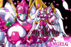  absurdres angelg breasts character_name energy_sword green_eyes highres holding holding_sword holding_weapon large_breasts looking_at_viewer mecha mechanical_skirt mechanical_wings meganeon multiple_views no_humans parted_lips robot shield standing super_robot_wars super_robot_wars_original_generation sword weapon wings 