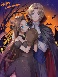  1boy animal_ears animal_hands armband ascot asymmetrical_bangs bare_tree bat_(animal) bell black_cape black_choker black_dress black_pants blue_eyes bow_choker brother_and_sister brown_hair cape castle cat_ears cat_tail choker closed_mouth commentary dress english_text fake_animal_ears fake_tail female gloves halloween halloween_costume hand_on_another&#039;s_face hand_on_another&#039;s_head happy_halloween highres katarina_claes keith_claes light_brown_hair light_particles long_hair long_sleeves looking_at_another medium_dress neck_bell orange_background otome_game_no_hametsu_flag_shika_nai_akuyaku_reijou_ni_tensei_shite_shimatta pants paw_gloves purple_eyes purple_vest shirt short_hair siblings smile standing step-siblings strapless strapless_dress tail tree uni_(uniuni5) vampire_costume vest whiskers white_ascot white_shirt 