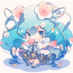  aqua_eyes aqua_hair beige_background black_skirt blue_flower blush_stickers cape chibi commentary dress dress_flower female flower flower_underskirt full_body fuyuzuki_gato green_flower hair_flower hair_ornament hair_ribbon hatsune_miku highres long_hair looking_at_viewer magical_mirai_(vocaloid) magical_mirai_miku magical_mirai_miku_(2021) medallion neck_ribbon open_mouth orange_flower red_flower ribbon shadow skirt solo standing twintails very_long_hair vocaloid white_dress white_flower yellow_flower 