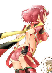  bad_id bad_pixiv_id black_gloves breasts commentary_request earrings female fingerless_gloves gloves highres jewelry large_breasts partial_commentary pyra_(xenoblade) red_eyes red_hair red_legwear red_shorts rex_(xenoblade) shiroxai short_hair short_shorts shorts swept_bangs thighhighs tiara xenoblade_chronicles_(series) xenoblade_chronicles_2 