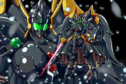  absurdres alternate_color angelg assault_visor breasts energy_sword highres holding holding_sword holding_weapon large_breasts looking_at_viewer mecha mechanical_skirt mechanical_wings meganeon multiple_views no_humans robot shield standing super_robot_wars super_robot_wars_original_generation sword weapon wings 