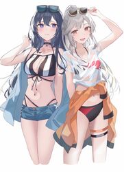  2girls bikini black_bikini black_choker black_hair blue_eyes blue_jacket blue_shorts blush breasts center_opening choker cleavage_cutout closed_mouth clothes_around_waist clothing_cutout earrings eyewear_on_head facial_mark grey_hair hair_between_eyes highres hikari_yui ichinose_uruha ichinose_uruha_(summer_c102) jacket jacket_around_waist jacket_on_shoulders jewelry komori_met komori_met_(summer_c102) long_hair looking_at_viewer lupinus_virtual_games medium_breasts multi-strapped_bikini multiple_girls navel official_alternate_costume open_mouth orange_jacket pink_nails ponytail red_bikini red_eyes see-through shirt short_shorts shorts simple_background star_(symbol) star_earrings stomach striped_bikini striped_clothes summer sunglasses swimsuit t-shirt thigh_strap triangle_facial_mark two-tone_bikini vertical-striped_bikini vertical-striped_clothes very_long_hair virtual_youtuber vspo! white_background white_shirt 