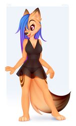  2022 4_toes 5_fingers anthro barefoot black_nose blue_hair breasts canid canine clothed clothing digital_media_(artwork) dress eyebrows eyelashes feet female fingers fox gumi_(omiart) hair hi_res mammal omiart open_mouth panties paws plantigrade red_eyes simple_background smile solo toes tongue underwear 