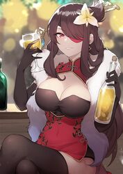  absurdres beidou_(genshin_impact) breasts brown_hair cleavage crossed_legs drink elbow_gloves female genshin_impact gloves highres large_breasts looking_at_viewer red_eyes sakotach sitting smile solo thighhighs 