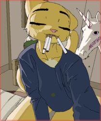  aliasing anthro bottomless cheek_tuft cigarette cigarette_in_mouth closed_eyes clothed clothing clover_(plant) clover_leaf digital_media_(artwork) duo english_text equid equine facial_tuft felid female feral food four_leaf_clover fruit fur high-angle_view horn katia_managan khajiit leaf legume light looking_at_viewer mammal microsoft multiple_cigarettes mythological_creature mythological_equine mythology object_in_mouth pea_(food) pink_sclera plant prequel_adventure selfie skooma smile sunlight tail text the_elder_scrolls topwear tuft unicorn unknown_artist vegetable writing_on_face yellow_body yellow_fur 