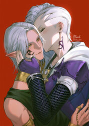  1boy apple_brk archon_mark armlet armor asymmetrical_hair blush chainmail closed_eyes ear_blush elezen elf facial_tattoo female final_fantasy final_fantasy_xiv grey_hair highres kissing kissing_cheek korean_commentary moenbryda_wilfsunnwyn neck_tattoo pale_skin pointy_ears red_background roegadyn shoulder_armor sidecut sleeveless straight tattoo undercut upper_body urianger_augurelt 