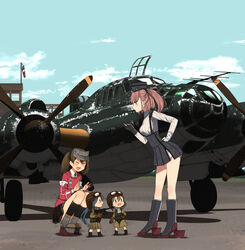  4girls aircraft airplane annin_musou atlanta_(kancolle) bad_id bad_twitter_id black_headwear black_legwear black_skirt blue_eyes blue_hair blue_sky blush brown_gloves brown_hair closed_eyes commentary_request day earrings fairy_(kancolle) garrison_cap gloves green_hair gun hair_between_eyes handgun hat high-waist_skirt japanese_clothes jewelry kantai_collection kariginu kneehighs long_hair long_sleeves magatama multiple_girls nambu_type_14 oerba_yun_fang open_mouth p1y_ginga partially_fingerless_gloves pilot pilot_helmet pilot_suit pleated_skirt ponytail ryuujou_(kancolle) science_fiction shadow shirt short_hair skirt sky socks star_(symbol) star_earrings suspender_skirt suspenders twintails two_side_up vehicle_focus visor_cap weapon white_shirt 