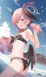  ass ball beachball bikini bird black_bikini black_bow black_wings blue_archive blush bow breasts commentary feathered_wings female floral_print front-tie_bikini_top front-tie_top hair_between_eyes hairbow halo hand_up head_wings highres holding koharu_(blue_archive) koharu_(swimsuit)_(blue_archive) kurasawa_moko long_hair looking_at_viewer low_twintails low_wings ocean official_alternate_costume outdoors parted_lips pink_eyes pink_hair pink_halo print_bikini small_breasts solo spaghetti_strap swimsuit twintails wading water_drop wavy_mouth wings 