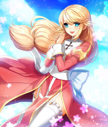  blonde_hair blue_eyes blush bow cloud commentary cowboy_shot cross dress dutch_angle eyes_visible_through_hair female garter_straps hair_between_eyes high_priest_(ragnarok_online) juliet_sleeves large_bow leona_(pixiv) long_hair long_sleeves looking_at_viewer low-tied_long_hair margaretha_sorin open_mouth own_hands_together puffy_sleeves ragnarok_online red_dress sash sky solo sparkle standing teeth thighhighs two-tone_dress upper_teeth_only white_bow white_dress white_thighhighs 