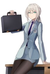  absurdres an-94_(antje)_(girls&#039;_frontline) an-94_(girls&#039;_frontline) aqua_eyes aqua_jacket bespectacled black_pantyhose blonde_hair blue_eyes blue_necktie briefcase business_suit closed_mouth commentary commission cowboy_shot expressionless female gamryous girls&#039;_frontline glasses highres holding holding_briefcase jacket leaning_on_object long_sleeves looking_at_viewer necktie official_alternate_costume over-rim_eyewear pantyhose pixiv_commission ponytail semi-rimless_eyewear sidelocks simple_background solo suit table white_background 