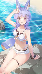  beach blue_hair breasts earclip erune female granblue_fantasy hat highres jiman long_hair looking_at_viewer red_eyes sitting skindentation solo straw_hat sun_hat thighs tight_clothes tikoh water 