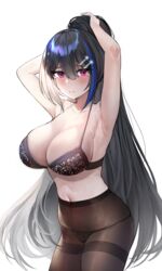  armpits arms_behind_head arms_up black_bra black_hair black_panties blue_hair blush bra breasts brown_pantyhose cleavage collarbone commentary female girls&#039;_frontline hair_ornament hairclip hei_d highres jericho_(girls&#039;_frontline) lace lace-trimmed_bra lace_panties lace_trim large_breasts long_hair looking_at_viewer multicolored_hair navel panties panties_under_pantyhose pantyhose solo streaked_hair symbol-only_commentary tying_hair underwear very_long_hair 