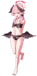  1boy absurdres angel angel_wings bare_legs barefoot bikini black_bikini black_bow black_wings blue_archive blush bow breasts collarbone commentary feathered_wings female floral_print front-tie_top full_body halo head_wings highres koharu_(blue_archive) koharu_(swimsuit)_(blue_archive) long_hair looking_at_viewer low_twintails low_wings multicolored_hair oerba_yun_fang official_alternate_costume open_mouth pink_eyes pink_hair pink_halo print_bikini skin_fang small_breasts swimsuit twintails wavy_mouth white_background wings yogu_(user_rxdx2445) 