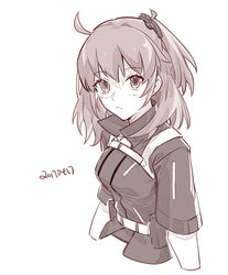  ahoge collared_shirt commentary_request csyday fate/grand_order fate_(series) female fujimaru_ritsuka_(female) fujimaru_ritsuka_(female)_(polar_chaldea_uniform) hair_ornament hair_scrunchie monochrome scrunchie shirt shirt_straps short_hair short_sleeves side_ponytail simple_background solo white_background 