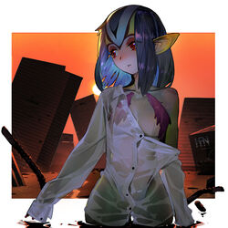  ao_no_roku-gou bare_shoulders blue_hair blush breasts building collared_shirt commentary cowboy_shot evening female han-0v0 highres looking_to_the_side medium_hair monster_girl mutio nose_blush off_shoulder orange_sky photoshop_(medium) pointy_ears red_eyes ripples ruins see-through shadow shirt sky sleeves_past_wrists small_breasts solo sunset thigh_gap wading wet wet_clothes white_shirt 