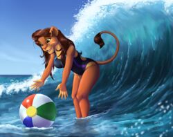  2022 anthro backless_clothing backless_swimsuit ball beach_ball bent_over breasts brown_hair clothing eyebrows eyelashes fangs felid female fur green_eyes hair hi_res inflatable lion long_hair mammal one-piece_swimsuit open_mouth pantherine sea sirzi solo swimwear tail tail_tuft tan_body tan_fur teeth tongue tuft water wave 