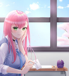  absurdres anchor_necklace azur_lane black_choker blue_necktie blue_sky blue_sweater blush book breasts cherry_blossoms choker classroom closed_mouth cloud collared_shirt commentary_request day desk female green_eyes hair_between_eyes hair_ornament hairclip head_rest highres holding holding_paper indoors jewelry konparu_uran large_breasts long_hair looking_at_viewer memphis_(a_breath_of_fresh_air)_(azur_lane) memphis_(azur_lane) necklace necktie official_alternate_costume open_book paper pen pencil_case pink_hair school_desk school_uniform shirt sidelocks sitting sky sleeves_rolled_up smile solo sweater sweater_vest translated tree upper_body white_shirt window 