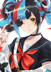  bad_id bad_pixiv_id black_hair black_nails black_sailor_collar black_serafuku blue_hair closed_mouth collar fate/grand_order fate_(series) female highres karen_ngao looking_at_viewer multicolored_hair nail_polish one_eye_closed red_hair sailor_collar school_uniform sei_shounagon_(fate) serafuku short_hair simple_background smile solo sunglasses twintails upper_body white_background yellow_eyes 