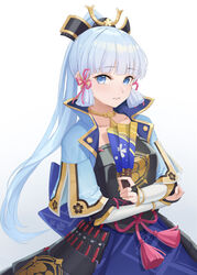  amco armor blue_eyes blue_hair crossed_arms female folded_fan folding_fan genshin_impact hair_ribbon hand_fan highres holding holding_fan japanese_clothes kamisato_ayaka kamisato_clan_(emblem) light_blue_hair long_hair looking_at_viewer mole mole_under_eye parted_lips ponytail red_ribbon ribbon solo upper_body 