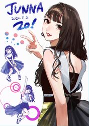  animification black_hair brown_eyes character_name dated female happy_birthday highres holding holding_microphone junna_(singer) looking_back microphone multiple_views open_mouth pote-mm real_life v white_background 