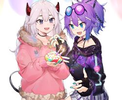  2girls :d absurdres ahoge bandaid bandaid_on_face bandaid_on_nose birthday black_choker black_gloves blue_eyes blue_nails breasts candle choker cupcake eyewear_on_head fingerless_gloves food fur_trim gloves hair_ornament happy_birthday highres hood hoodie horns jacket long_hair long_sleeves looking_at_another medium_breasts melody_(projektmelody) melody_(projektmelody)_(mel&#039;s_hype) miniskirt multiple_girls nail_polish neonbeat open_mouth ponytail purple_eyes purple_hair purple_hoodie purple_jacket round_eyewear skirt smile sunglasses tail vei_(vtuber) vei_(vtuber)_(1st_costume) virtual_youtuber vshojo white_hair x_hair_ornament 