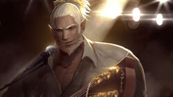  1boy beard dark-skinned_male dark_skin ex-trident facial_hair guitar hair_behind_ear highres holding holding_instrument instrument maha5 male_focus microphone pointy_ears realistic red_eyes shirt smile solo tied_hair virtual_youtuber white_hair white_shirt zen_gunawan 