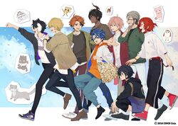  6+boys animal_ears aragami_oga arurandeisu astel_leda beard bird black_footwear black_hair black_hoodie black_jacket black_nails black_pants black_sweater blonde_hair blue_eyes blue_hair blue_pants blue_sky bracelet casual chungami clenched_hand collared_shirt commentary converse copyright_notice dark-skinned_male dark_skin everyone facial_hair feline ferret flower food from_side fruit_pattern glasses green_eyes green_jacket grey_hair hair_flower hair_ornament hairclip half_updo hanasaki_miyabi hand_on_own_neck heterochromia hiyamaru holostars hood hoodie horns jackal_boy jackal_ears jackal_tail jacket jewelry kageyama_shien kanade_izuru kishido_temma kyomu_suzume legs_up male_focus multicolored_hair multiple_boys nekoyama_shien official_alternate_hairstyle official_art open_hand orange_eyes orange_hair orange_hoodie orange_print outstretched_arm pants pink_eyes pizza pizza-kun_(arurandeisu) poruneu purple_eyes red_hair rikka_(holostars) robot rozu_ki running shirt shoes single_horn sky smile sneakers spanner_(holostars) sparrow squatting streaked_hair stuffed_animal stuffed_toy suit_jacket sweater teddy_bear tied_hair virtual_youtuber walking watch white_footwear white_hair white_hoodie white_jacket white_shirt white_sweater wristwatch yellow_eyes 