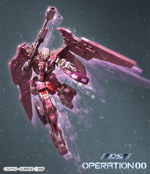  battle_spirits glowing glowing_eyes green_eyes gun gundam gundam_00 gundam_dynames handgun holding holding_gun holding_weapon mecha mobile_suit morishita_naochika no_humans official_art rifle robot science_fiction sniper_rifle solo space trans-am weapon 